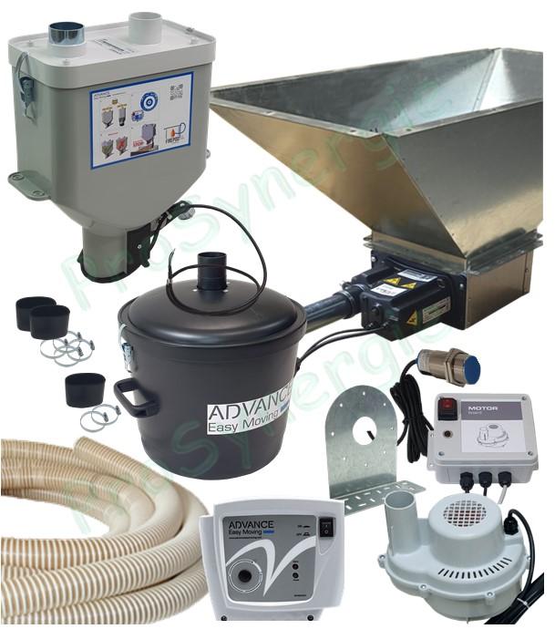Kit Pod 90+ Confort - Transfert pneumatique (granulé / pellet) cassette auto débourrage + trémie 90 litres, aspirateur, doseur,capteur niveau, contrôleur + coffret protection moteur et pot à poussière
