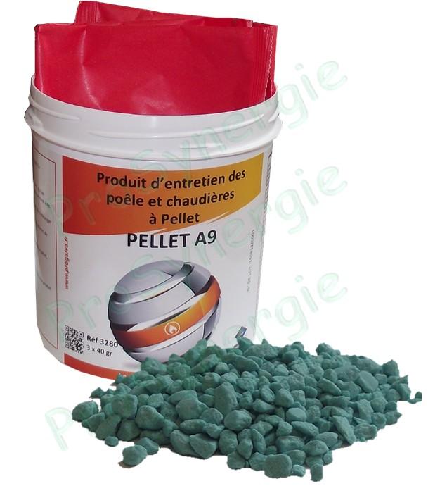 Pellet A9 - Pot de 3 doses (sachet) de 40 grammes de pastilles ramonage chimique curatif et préventif (réduction des bistres et goudrons par modification de son état : solide -> friable)
