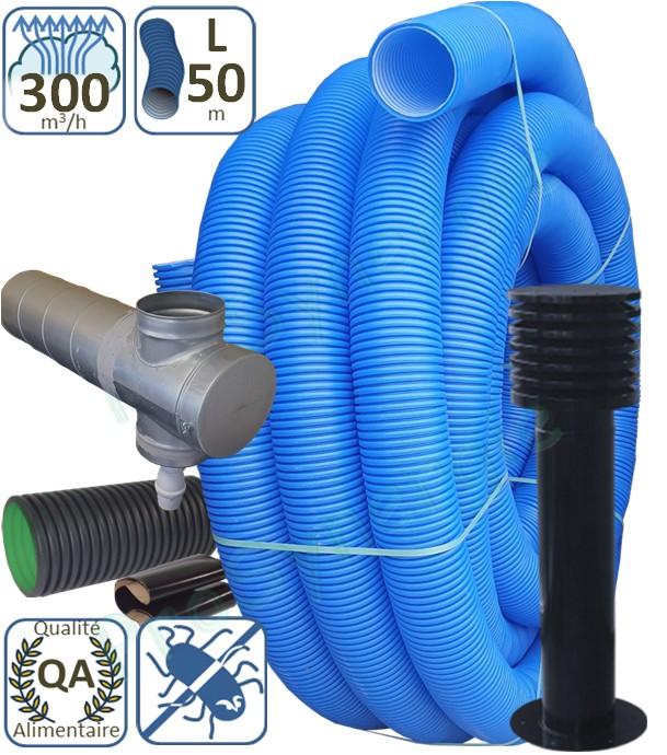 Kit puits canadien Performance 300m3/ h (géothermie air), échangeur 50 mètres, prise d´air élégance, traversée dalle ou mur et adaptateur récupérateur de condensat