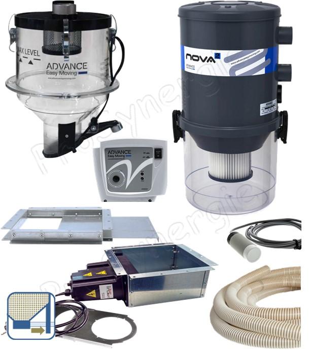 Kit automatique transfert de granulés à partir du bas d´un silo de stockage avec une cassette à débourrage + registre vers le remplissage d´un poêle/chaudière avec un doseur et aspirateur filtrant