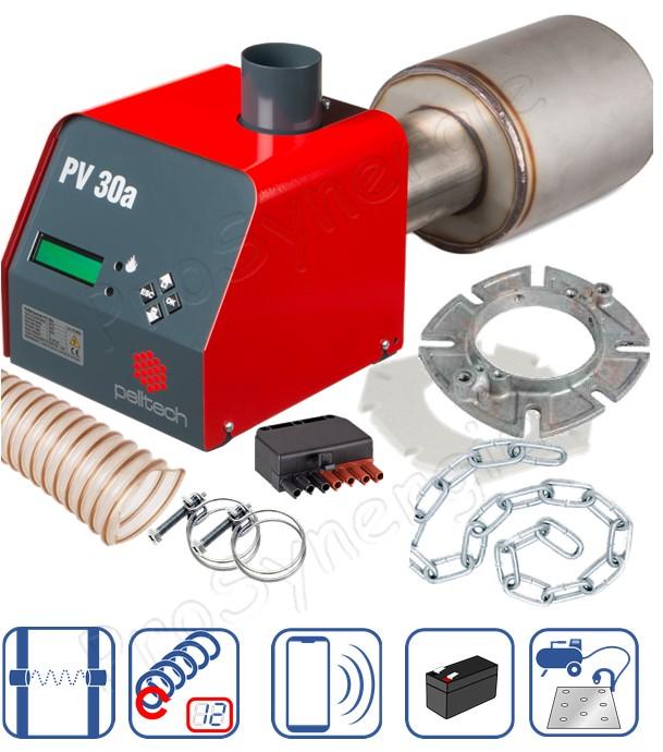 Brûleur à granulés spécial conversion Pelltech PV 20b 6 à 18Kw 230Vac avec batterie, vis int., capteur niveau, injecteur automatique de nettoyage pneumatique (prévoir compresseur)