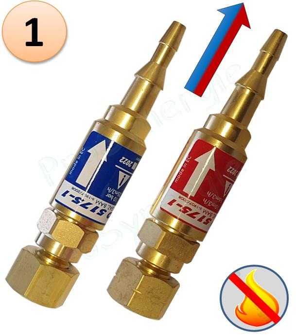Raccord anti-retour pare flamme SafeGuard 2 - Montage Détendeur - Oxygène ou gaz combustible - Entrée M16x1,5 - Sortie Tuyau 6-10