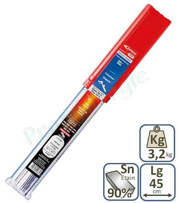 Etui de 20 Targettes poids total 3,2kg - 90% d'étain / 10% zinc (sans plomb) - Ø 10 mm longueur 450mm - Pour brasage tendre crivre et Zinc (zinguerie)