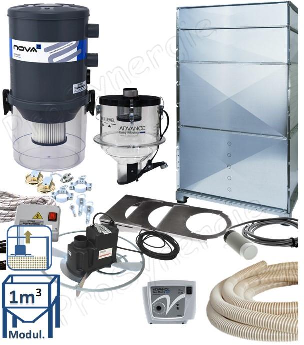 Kit automatique transfert de granulés depuis stockage fond plat (1m³) avec une taupe (suspendu au plafond), vers remplissage d´un poêle/chaudière avec un doseur