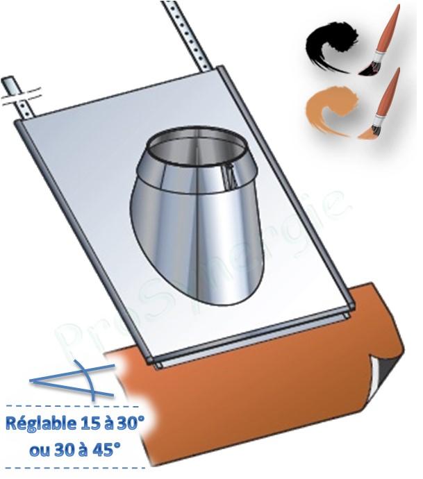 Solin & collet inox + kit rouge ou noir tuiles 15° à 30° ou 30° à 45° pour conduit de fumée