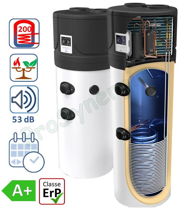 Ballon thermodynamique Aqua Thermica 200 litres ØxH= 630x1785 mm isolation PU rigide 50mm classe A+ avec échangeur (chauffage ou solaire) surface 1,2 m² et résistance élec. 1500 W