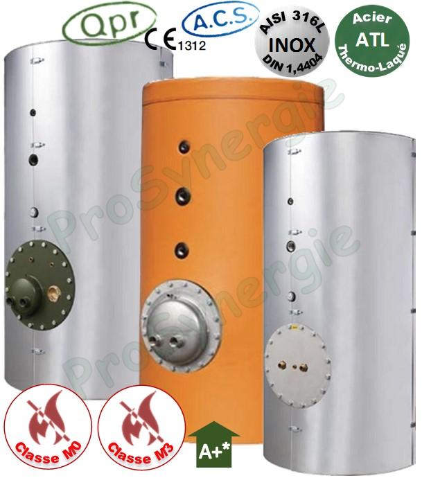 Ballon +Eco Tampon ECS 1000 Litres Vertical sur pieds Inox 316L T<95°C -1 trous d´homme DN 400 Isolant Classe M3 ép.100mm - HxØ=1975x1100mm + Réchauffeur Max tubulaire 50KW (90/70°C -> 10/60°C)