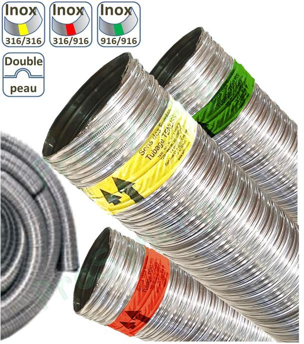 Mètre de Tubage Flexible Double Peau (à la coupe) pour conduit de cheminée Inox 316/316 (bandeau jaune) Ø 100/106 (int./ext.)