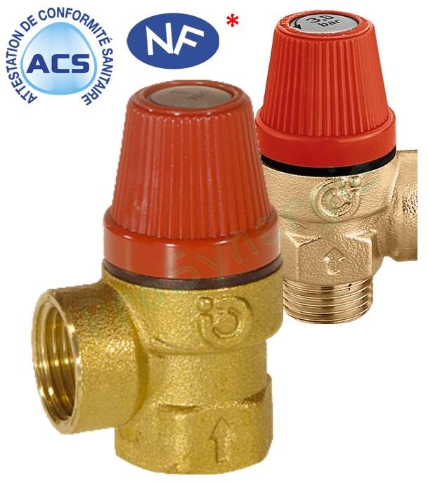 Soupape laiton 2,5 à 7 bars 110°C sécurité chauffage ou sanitaire (ACS) - F Ø 1/2'' ou 3/4''