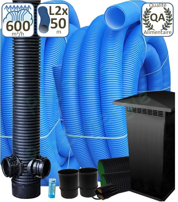 Kit puits canadien Eco 600m3/h (géothermie air), 2 échangeurs 50 mètres, prise d´air classique, regard piquages soudés (ou joints) et 2 traversées dalle ou mur