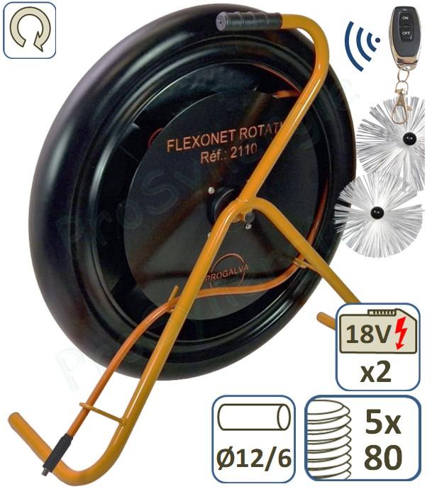 FLEXONET 12/12 Rotatif mototisé et sur batterie - 12 m de câble rotatif Ø 12/6 mm - avec Hérissons Ø 80 à Ø 153 mm - Télécommandé