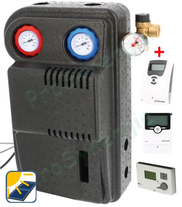 Groupe de transfert solaire isolé (départ/retour, pompe PWM, vanne débitlitre, soupape...) + option régulation (pré-câblé)