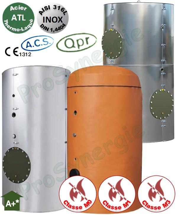 Ballon +Eco Tampon ECS 1000 Litres Vertical sur pieds ATL T<85°C -1 trous d´homme DN 400 Isolant Classe M0 ép.100mm - HxØ=2375x1000mm