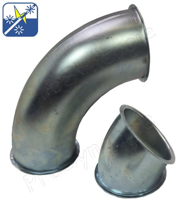 Coude acier galva de 5 à 90° Øint/ép 100x1mm avec collorette à bride (remplissage granulé)